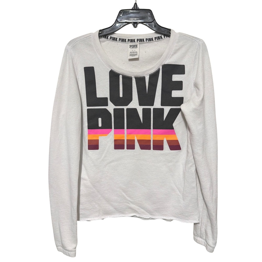 Victorias Secret PINK White Love Pink Graphic Long‎ Sleeve Sweatshirt Small